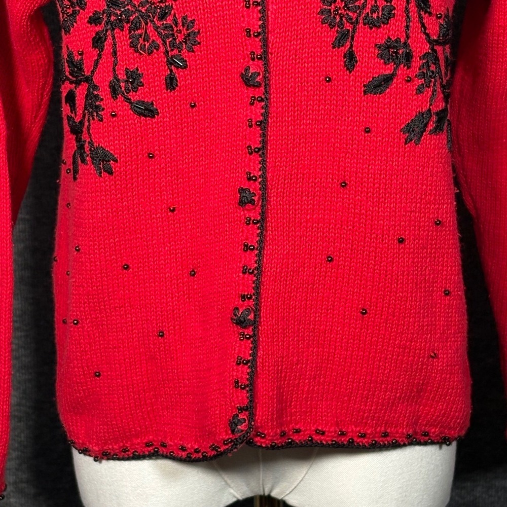 Vintage Heirloom Collectibles Cardigan Red Floral Beaded Sweater Small Petite - Picture 3 of 12
